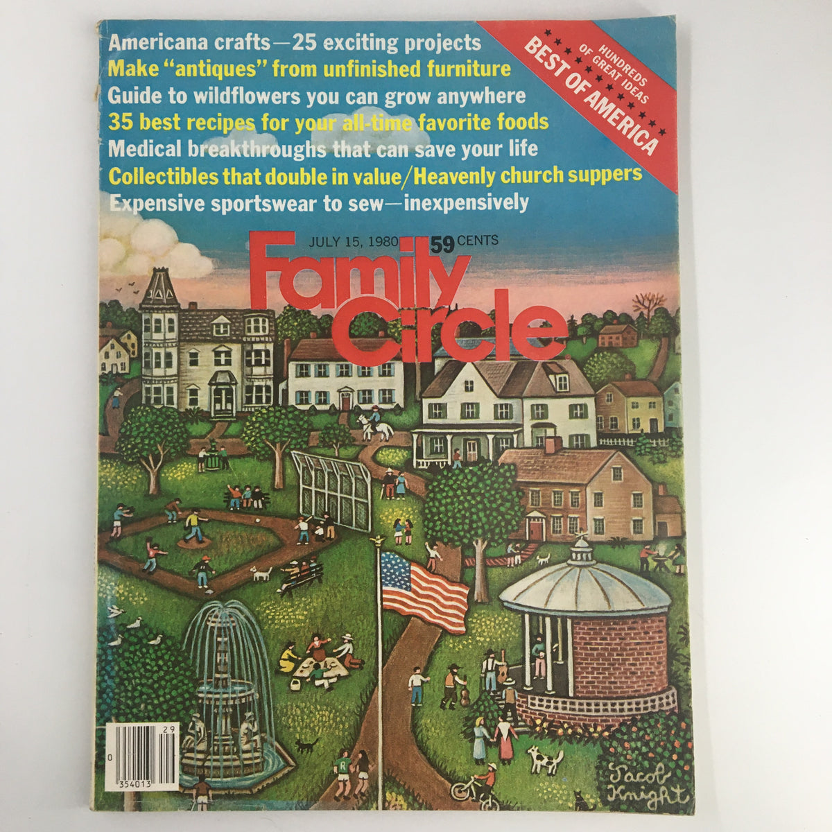 VTG Family Circle Magazine July 15 1980 cover featuring vibrant illustration of community life, homes, and family activities, showcasing the ‘100 Best of America’ theme.