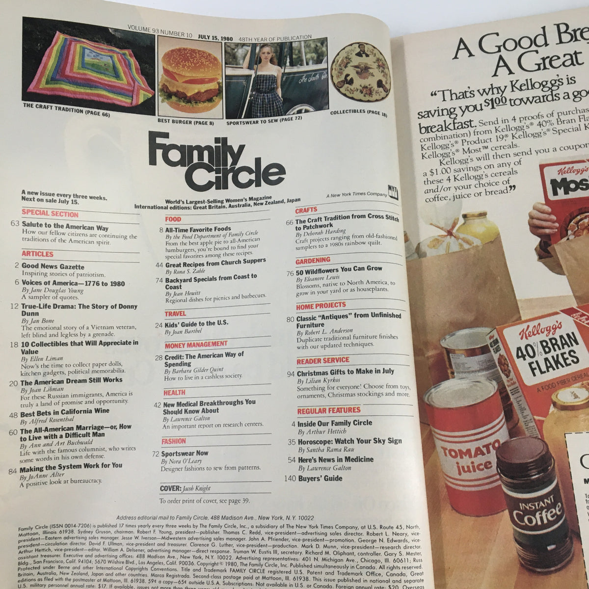 Inside page of VTG Family Circle Magazine July 15 1980 displaying the table of contents with articles on family-oriented topics, crafts, favorite recipes, and advertisements.