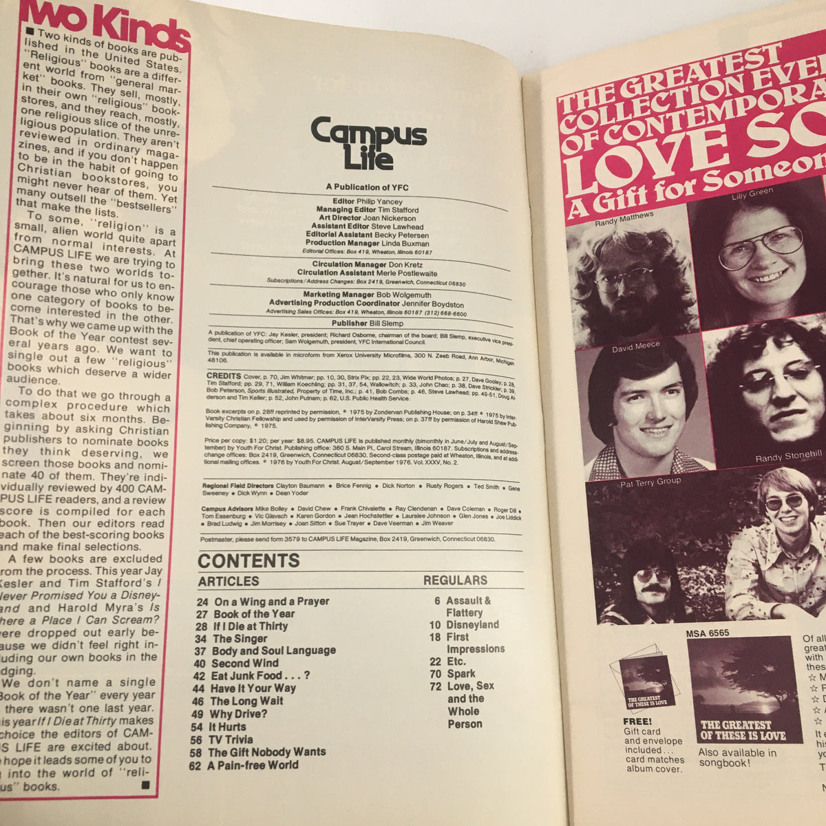 Inside spread of VTG Campus Life Magazine August 1976 showing the contents page and editorial credits, highlighting articles about food culture.