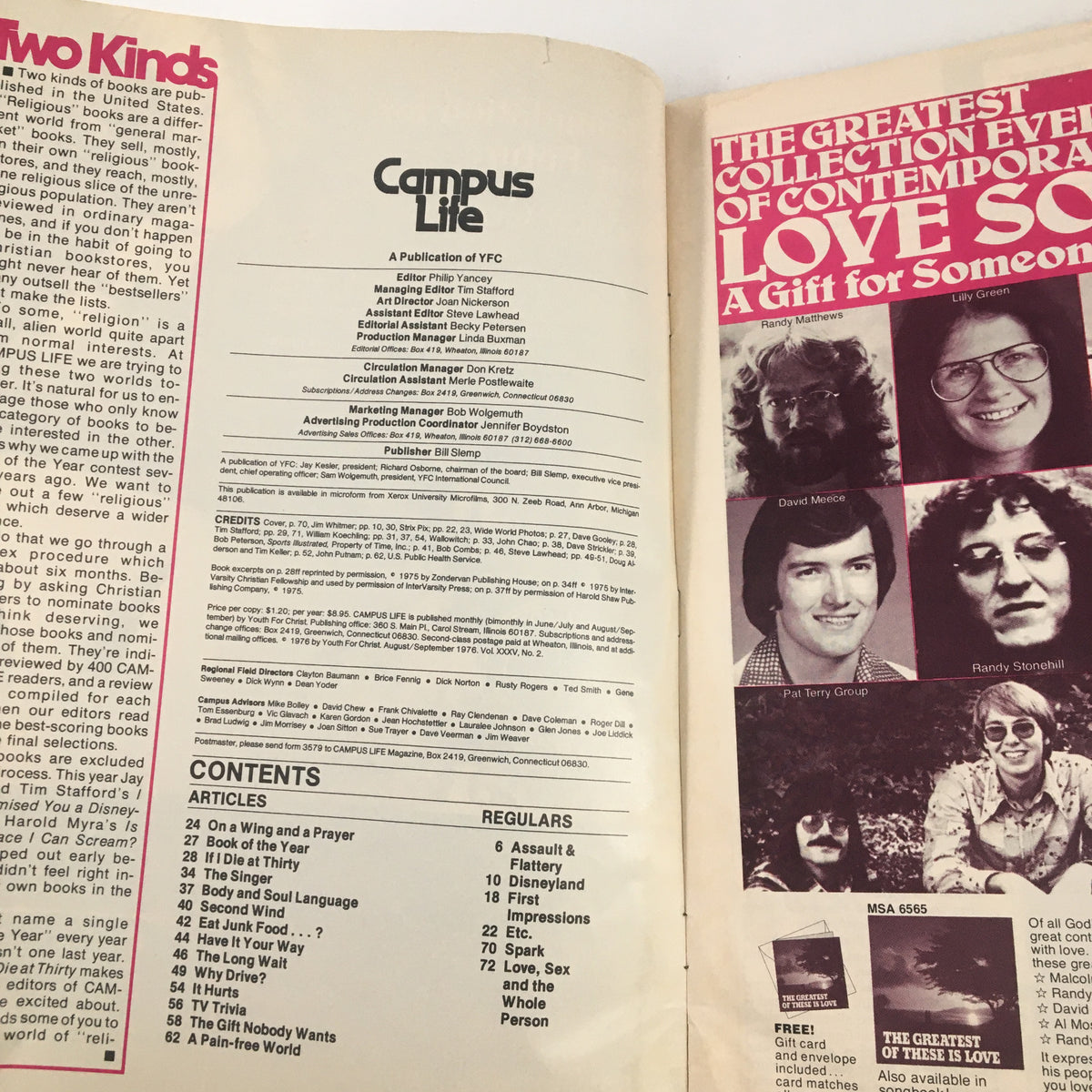 Inner contents page of VTG Campus Life Magazine August 1976 listing articles including 'On A Wing and a Prayer', showcasing the magazine's features.