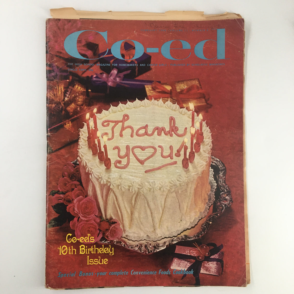 Co-Ed Magazine February 1966 10th Birthday Issue showcasing a festive cake with 'Thank You' written on it, adorned with candles, celebrating the magazine's anniversary.