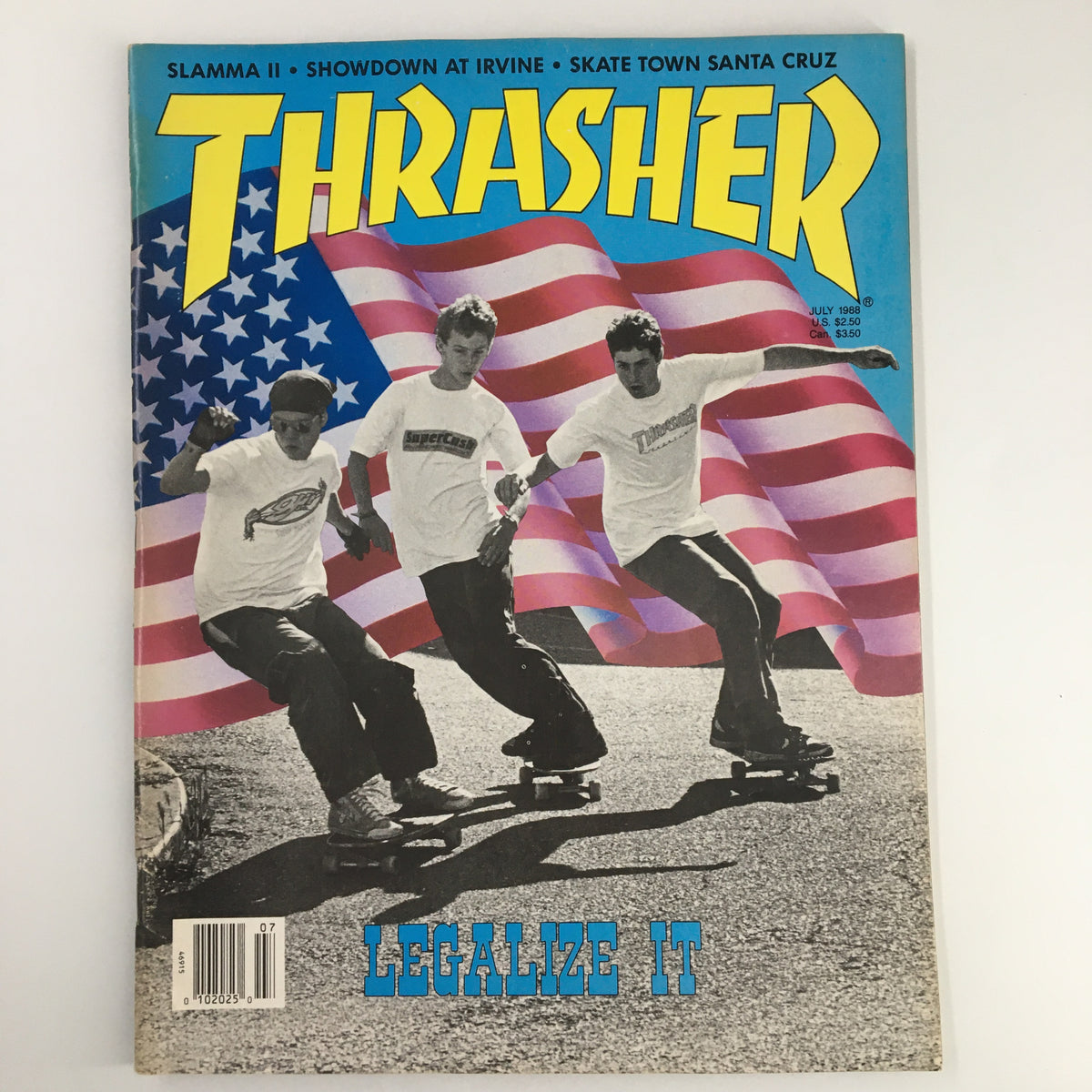 Cover of VTG Thrasher Magazine July 1988 featuring skaters against an American flag background. Highlights John Dettman, Danny Sargent, and Luke Ogden. Perfect for collectors of vintage skate culture.