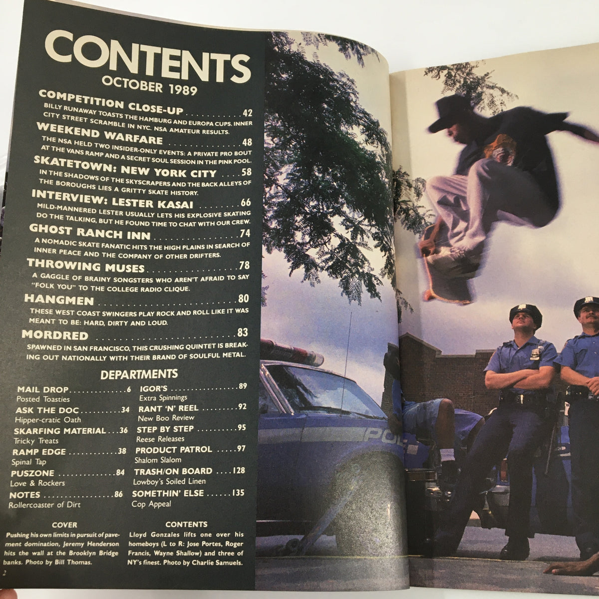 Inside contents page of VTG Thrasher Magazine October 1989, highlighting articles and features relevant to skateboarding culture, including an interview with Lester Kasai.
