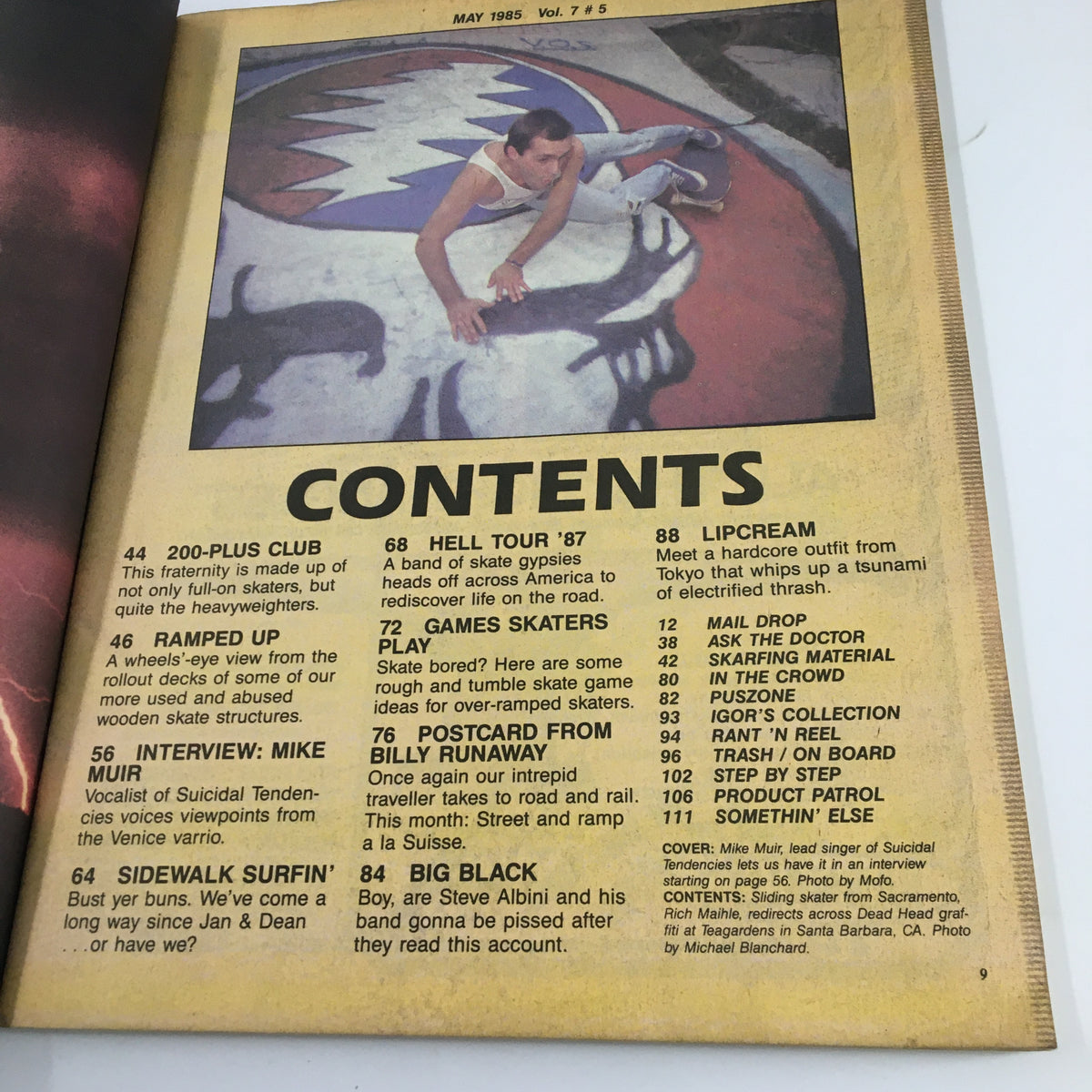 Inside page of VTG Thrasher Magazine May 1987 displaying the table of contents with features including an interview with Mike Muir of Suicidal Tendencies, encapsulating the vibrant skate culture of the 80s.