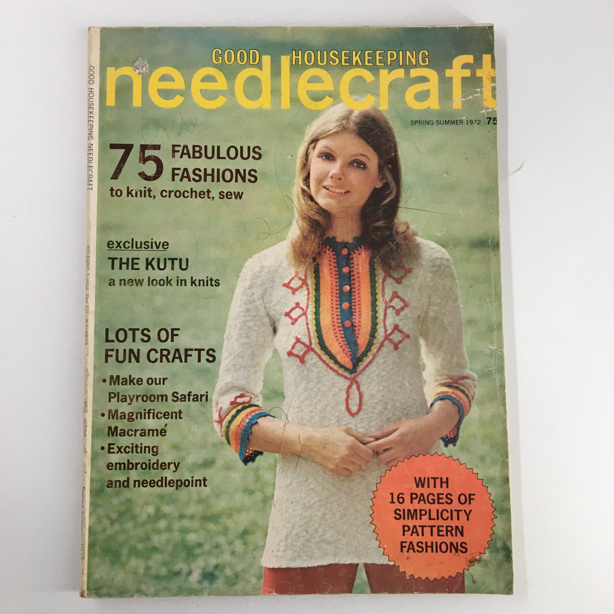 Cover of Good Housekeeping Needlecraft Spring 1972 featuring 'The Kutu New Look in Knits'. Showcases a model wearing a stylish knitted top with vibrant colors and patterns.