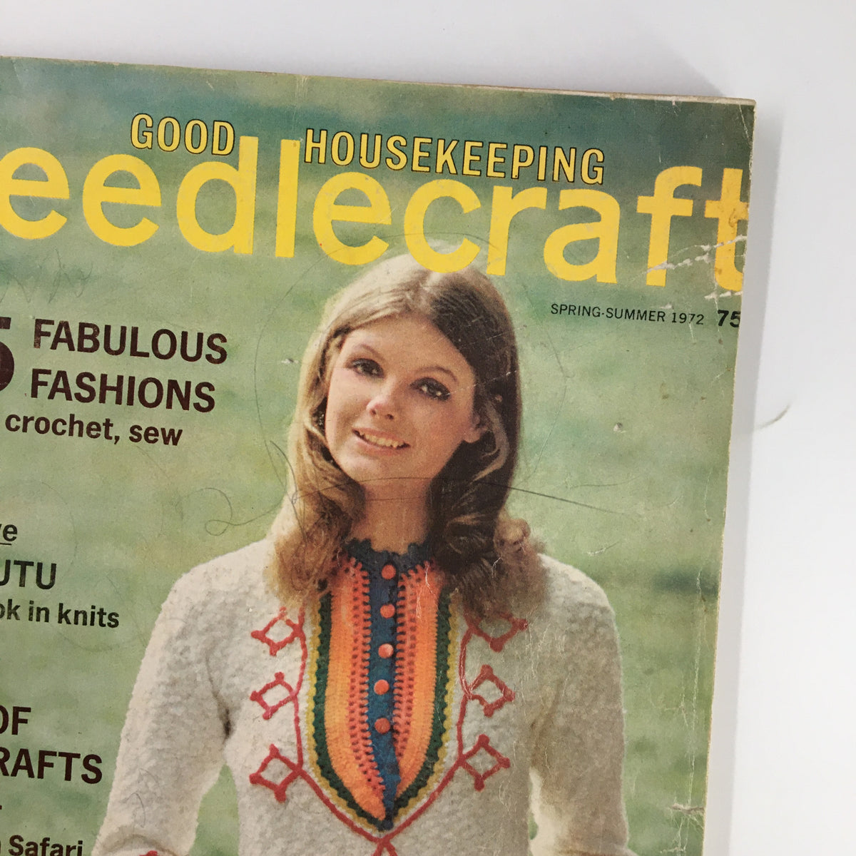 Detailed view of Good Housekeeping Needlecraft Spring 1972 cover highlighting 'The Kutu New Look in Knits' and featuring 75 fabulous fashions for knitting, crocheting, and sewing.