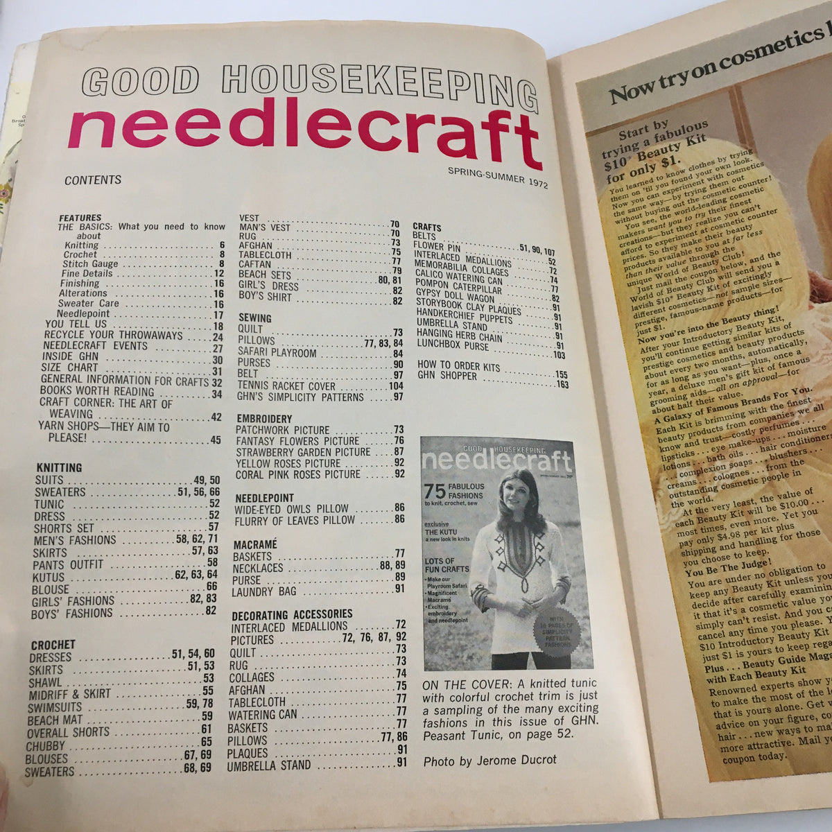 Good Housekeeping Needlecraft Spring 1972 magazine spread showcasing the contents and features of the issue, including knitting patterns and crafting projects.