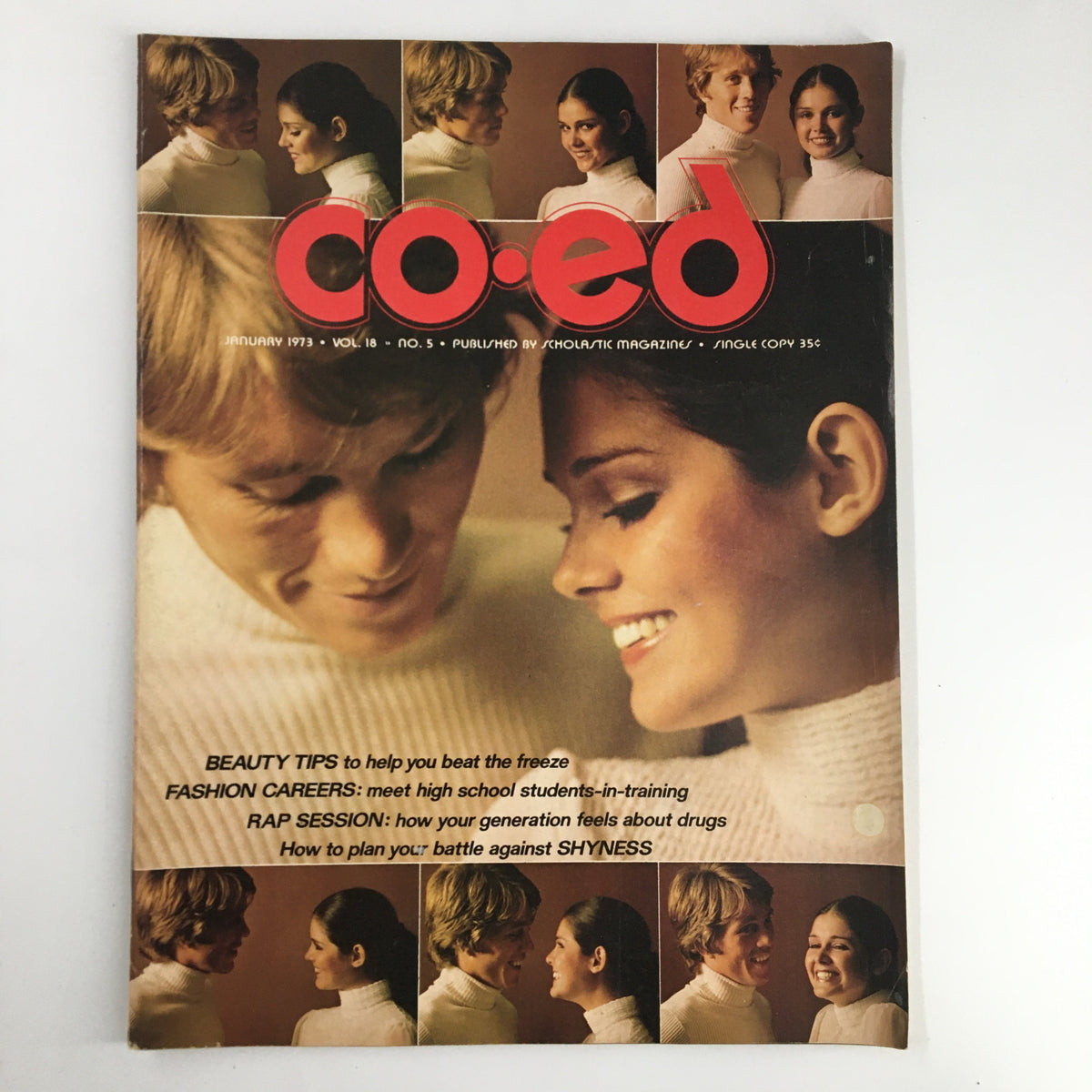 Cover of VTG Co-Ed Magazine January 1973 featuring a photograph of a young couple in close conversation, illustrating themes of beauty tips, fashion careers, and a rap session discussing drugs.