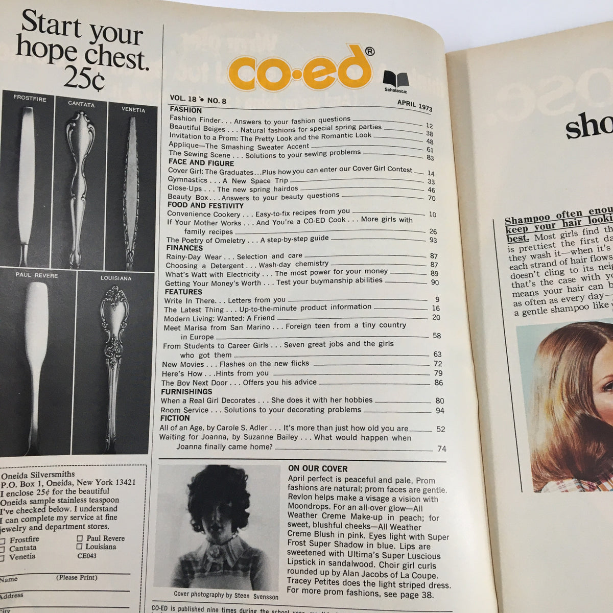 Inside content page of VTG Co-Ed Magazine April 1973, detailing various articles and features related to fashion, beauty, and lifestyle.