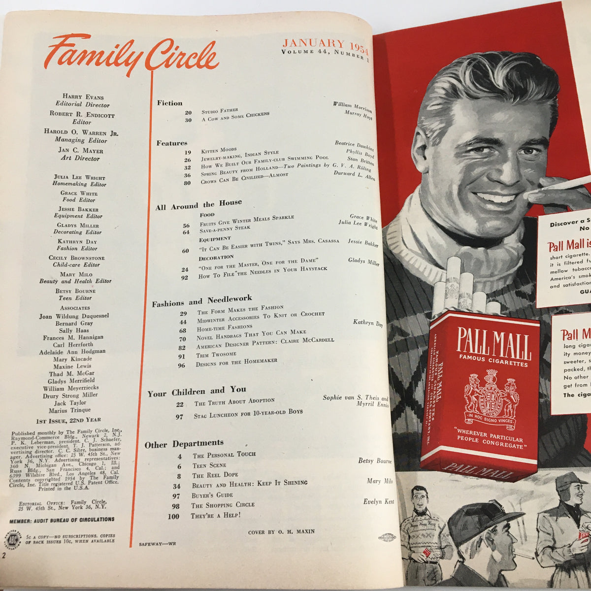 Interior page of VTG Family Circle Magazine January 1954, showcasing the table of contents along with various articles including 'The Truth About Adoption'. This page highlights the magazine's range of topics relevant to family life.