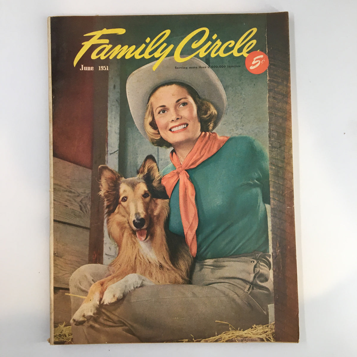 Cover of the Family Circle Magazine from June 1951 featuring a smiling cowgirl with a dog, showcasing vintage Americana themes.