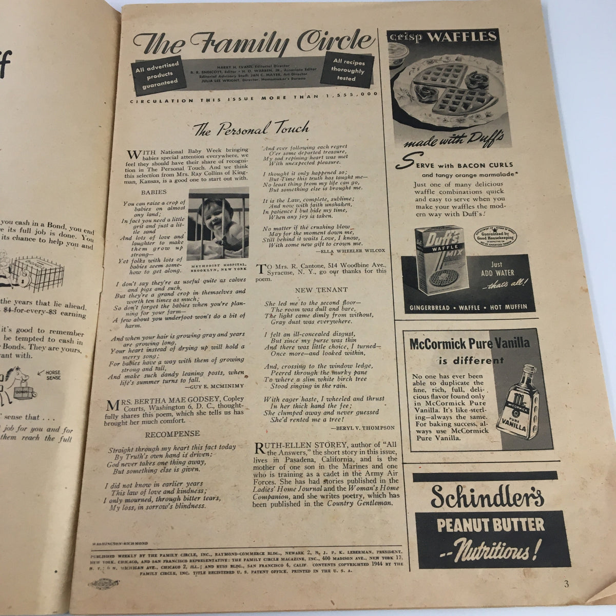 Interior page of the VTG Family Circle Magazine from April 28, 1944, showcasing articles about babies and advertisements, reflecting 1940s American culture.
