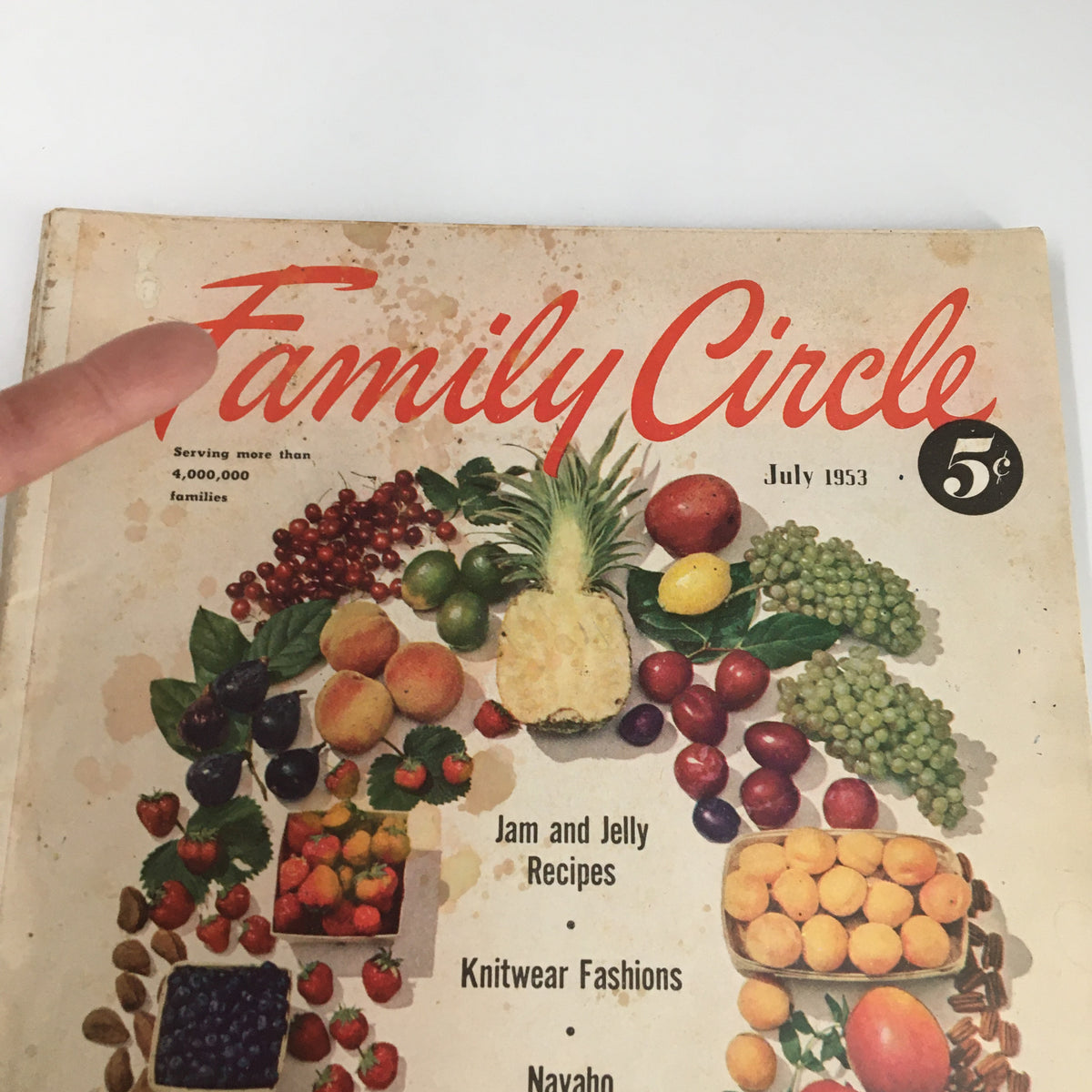 Close-up of the cover of VTG Family Circle Magazine July 1953, highlighting the vibrant fruit illustrations and the title.