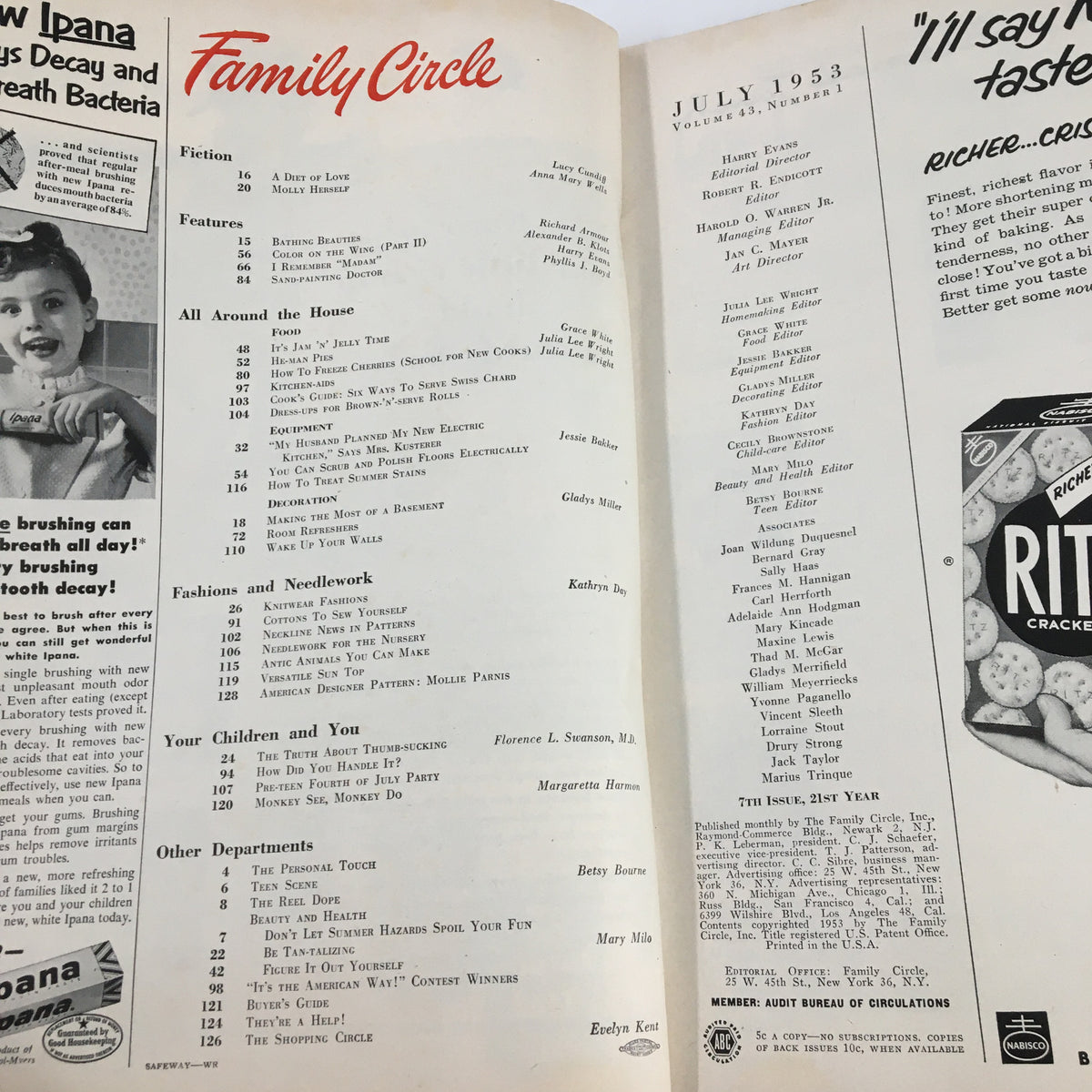 Inside page of VTG Family Circle Magazine July 1953 displaying contents and features such as fiction, fashion, and recipes, reflecting mid-century family life and culture.
