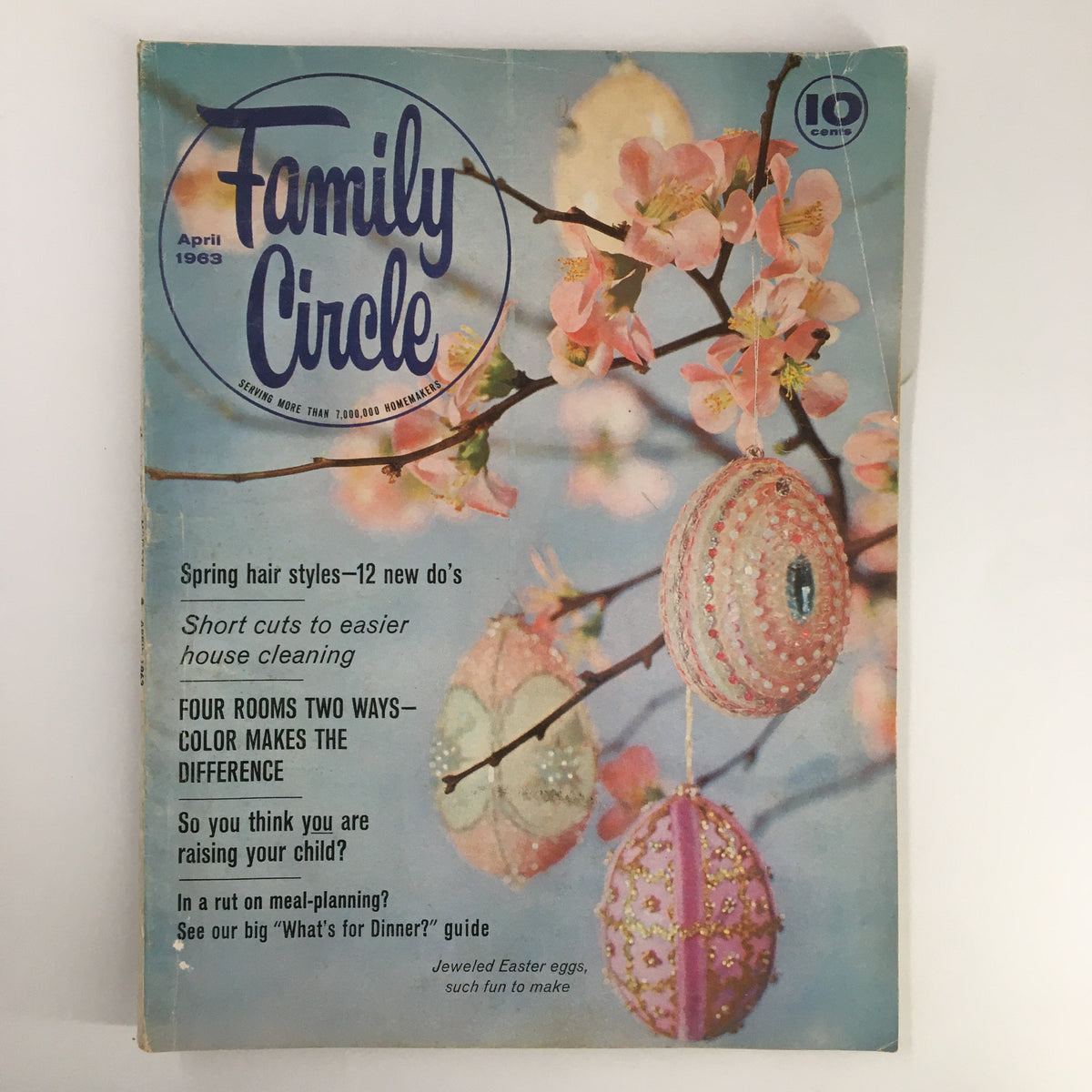 VTG Family Circle Magazine April 1963 cover featuring colorful jeweled Easter eggs and floral design, capturing the essence of 1960s family life and holiday creativity.