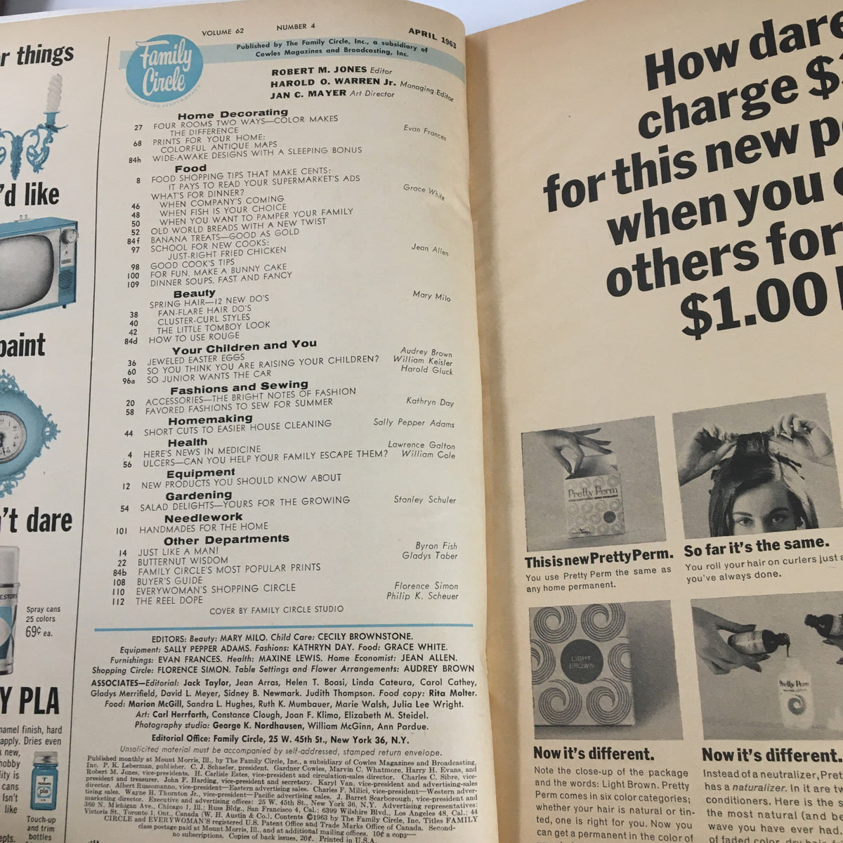 VTG Family Circle Magazine April 1963 table of contents page listing articles about home decorating, family, beauty, and holiday planning.