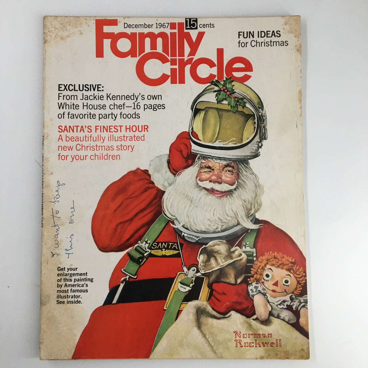 Cover of the December 1967 issue of Family Circle magazine titled 'Santa Claus' Finest Hour', featuring Santa in a vintage style with an astronaut helmet, next to a doll, showcasing holiday-themed content and nostalgic design.