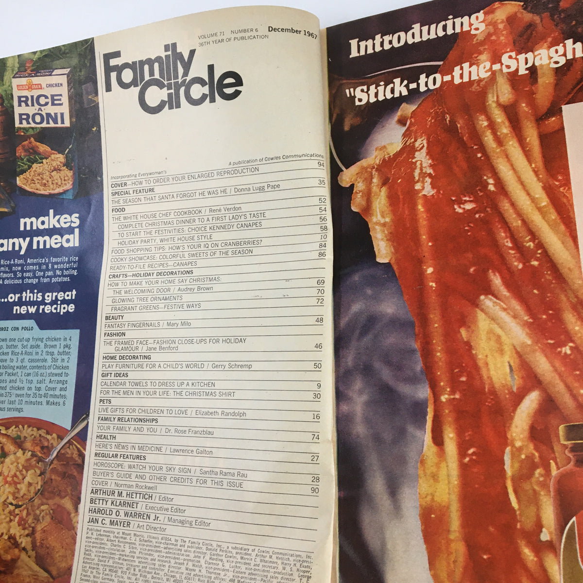 Inside page of VTG Family Circle Magazine December 1967 displaying the table of contents, sections on recipes, decoration tips, and holiday ideas.