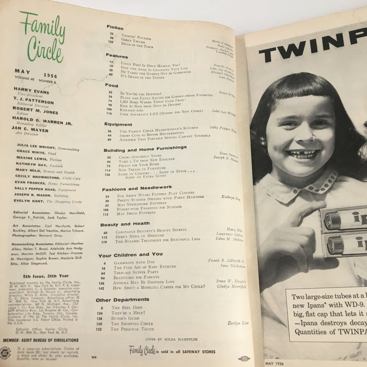 Interior page of VTG Family Circle Magazine from May 1956, listing articles including 'Those Faux Pas of Emily Post', with a photo of a girl holding cameras and a detailed table of contents.