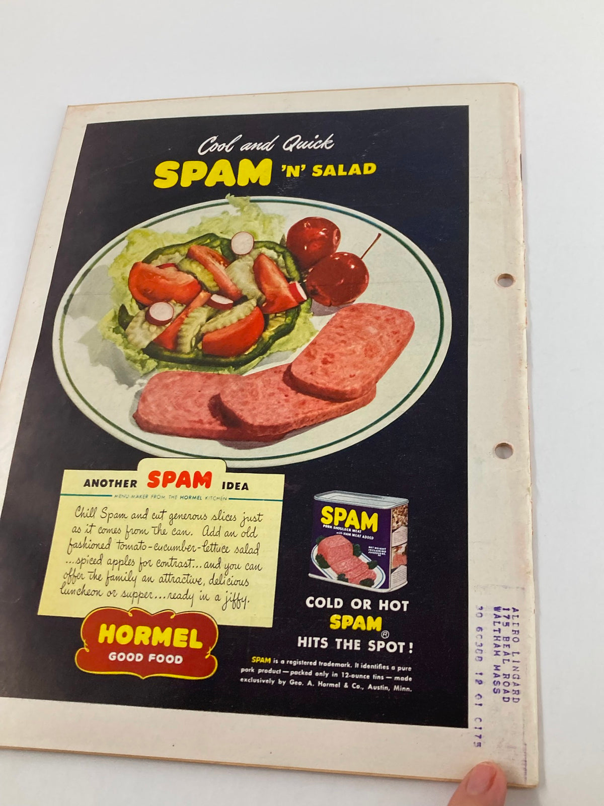 Back cover advertisement for SPAM 'n' Salad from Hormel, showcasing a colorful salad plate and promotional text, featured in VTG Time Magazine August 22, 1949 Vol 54 #8.