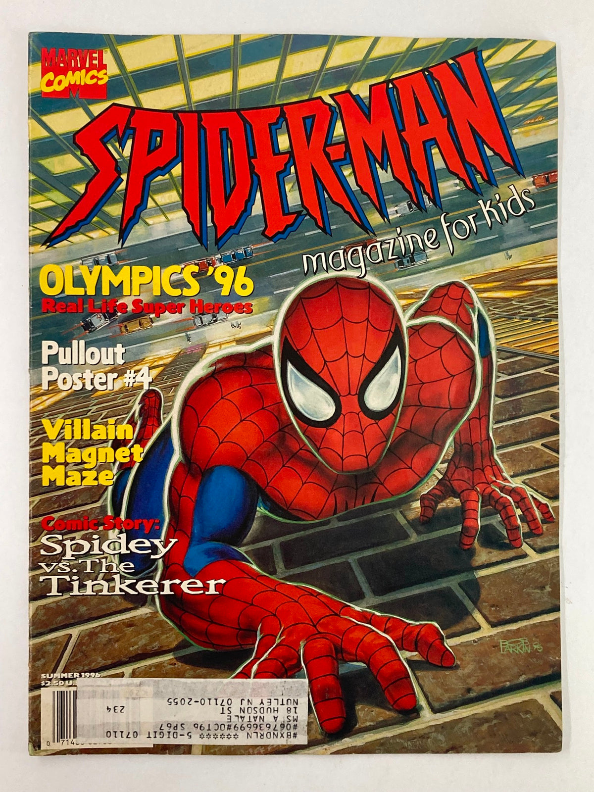 Cover of the Marvel Comics Spider-Man Magazine for Kids, Summer 1996, featuring Spider-Man in a dynamic pose with text highlighting 'Spidey vs The Tinkerer', along with details about a pullout poster and Olympic heroes.