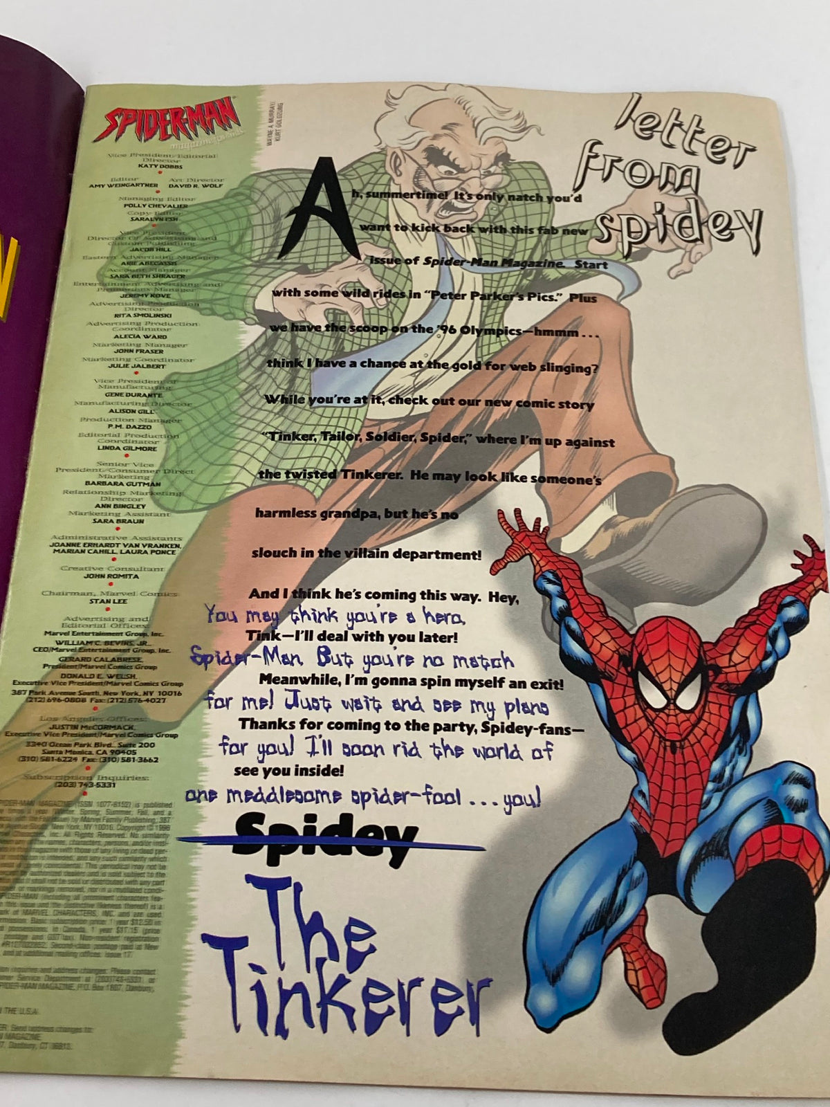 Interior page of the Marvel Comics Spider-Man Magazine for Kids, Summer 1996, showcasing a letter from Spidey discussing his battle against the Tinkerer, illustrated with vibrant artwork of both characters.