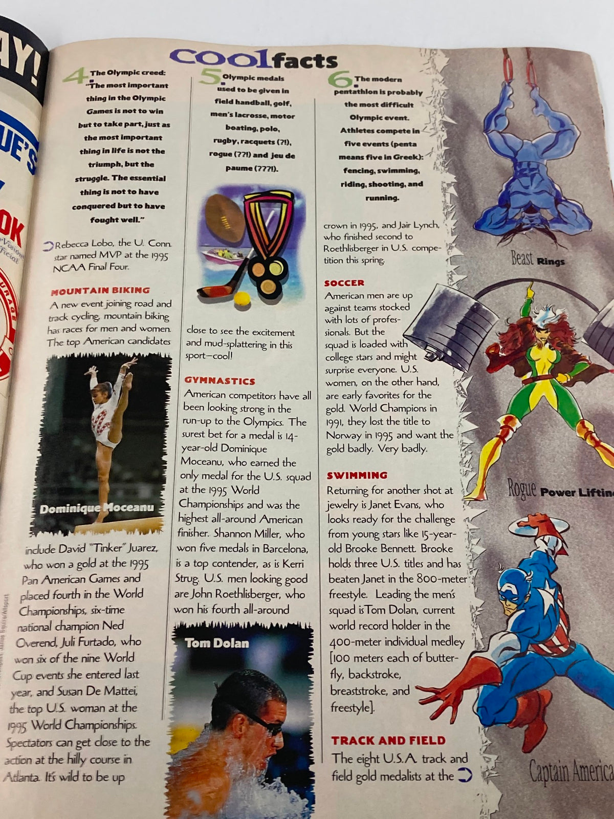 Marvel Comics Spider-Man Magazine for Kids Summer 1996 showcasing Olympic-themed 'Cool Facts' with illustrations of athletes and characters like Captain America.