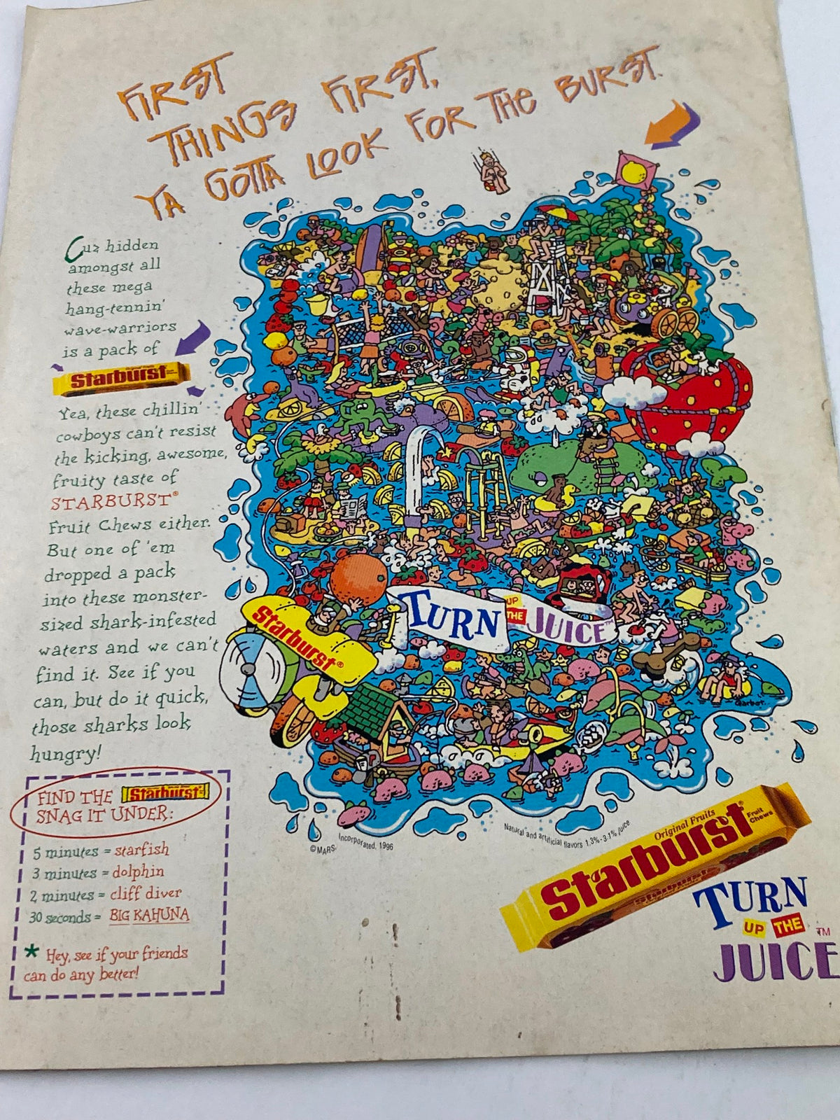 Marvel Comics Spider-Man Magazine for Kids Summer 1996 featuring an interactive Starburst advertisement with colorful illustrations and a hidden object challenge.