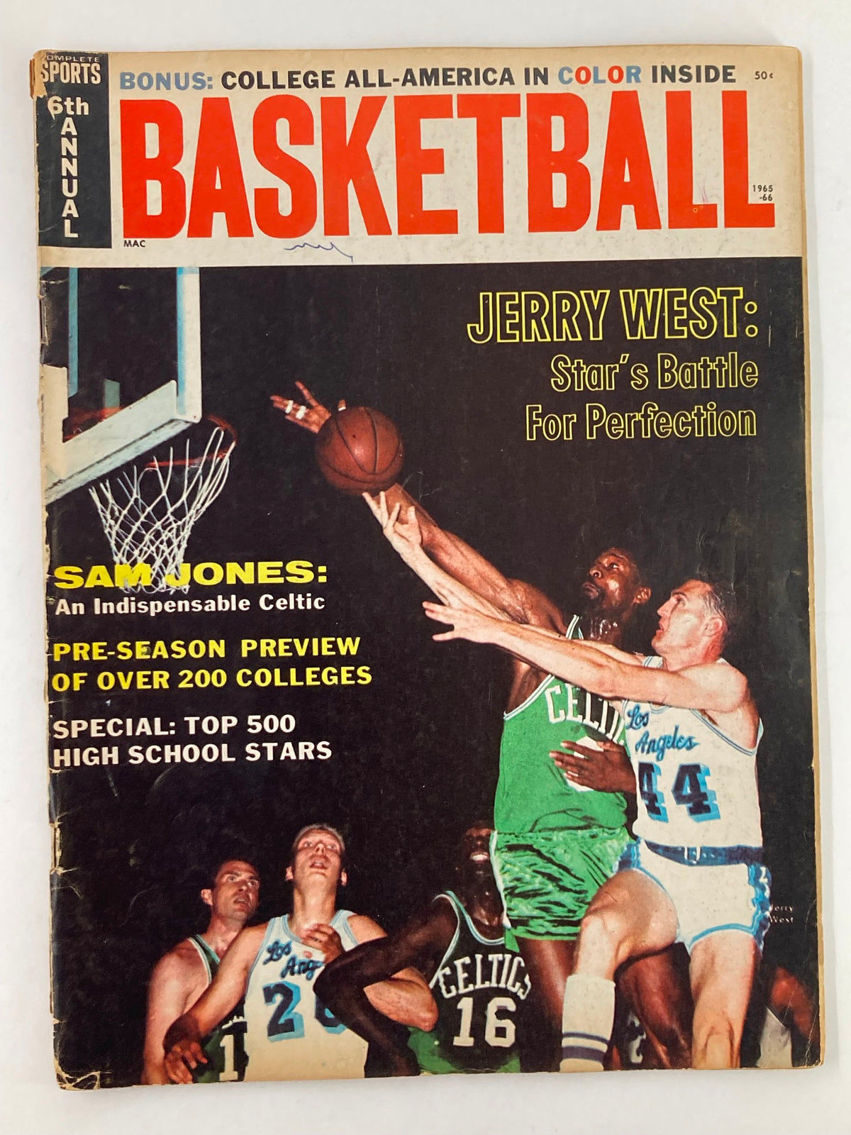 VTG Sports Basketball Magazine 1965 Jerry West & Sam Jones cover showcasing iconic basketball action.