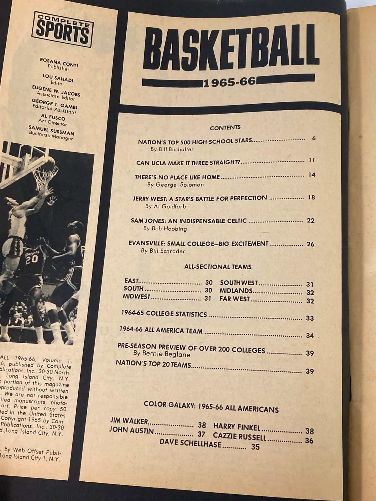 Interior page of the VTG Sports Basketball Magazine 1965 featuring a table of contents. Highlights include articles on Jerry West, Sam Jones, and college basketball statistics.