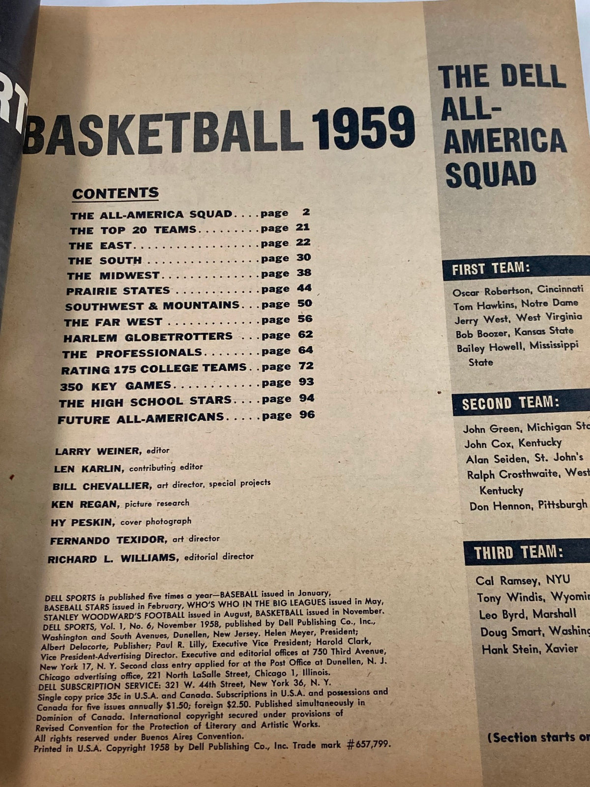 Inside page of the VTG Dell Sports Basketball Magazine 1959 detailing the contents, including the Dell All-America Squad and notable college basketball teams, an essential piece for basketball enthusiasts.