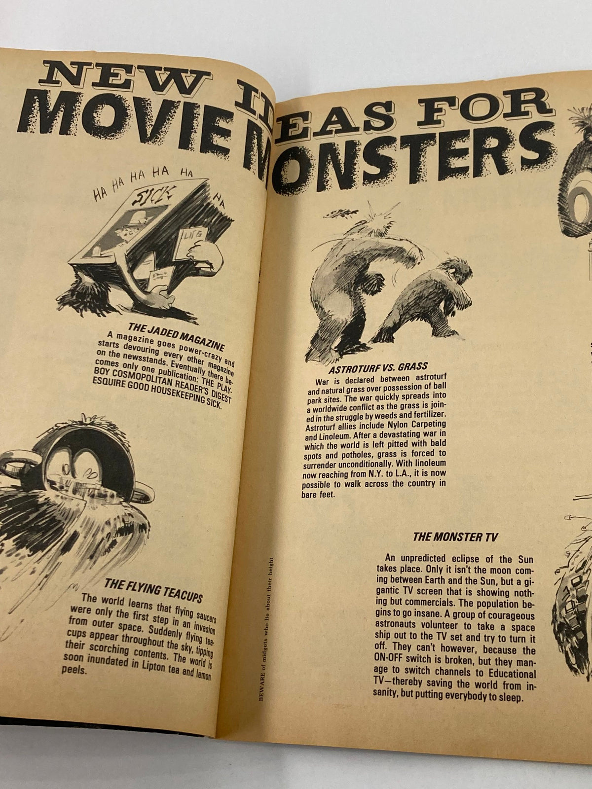 Inside page of VTG Sick Magazine June 1973 Vol 13 #2 showcasing humor about monsters with cartoon illustrations related to movie themes and funny commentary.