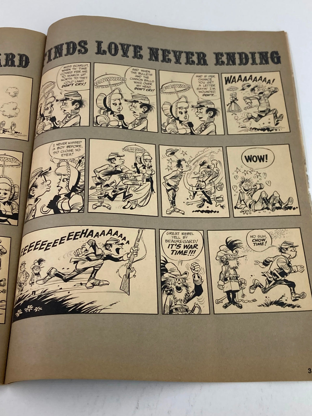 Inside page of VTG Sick Magazine June 1973 Vol 13 #2 with comic strips reflecting on love and war with humorous illustrations and text.