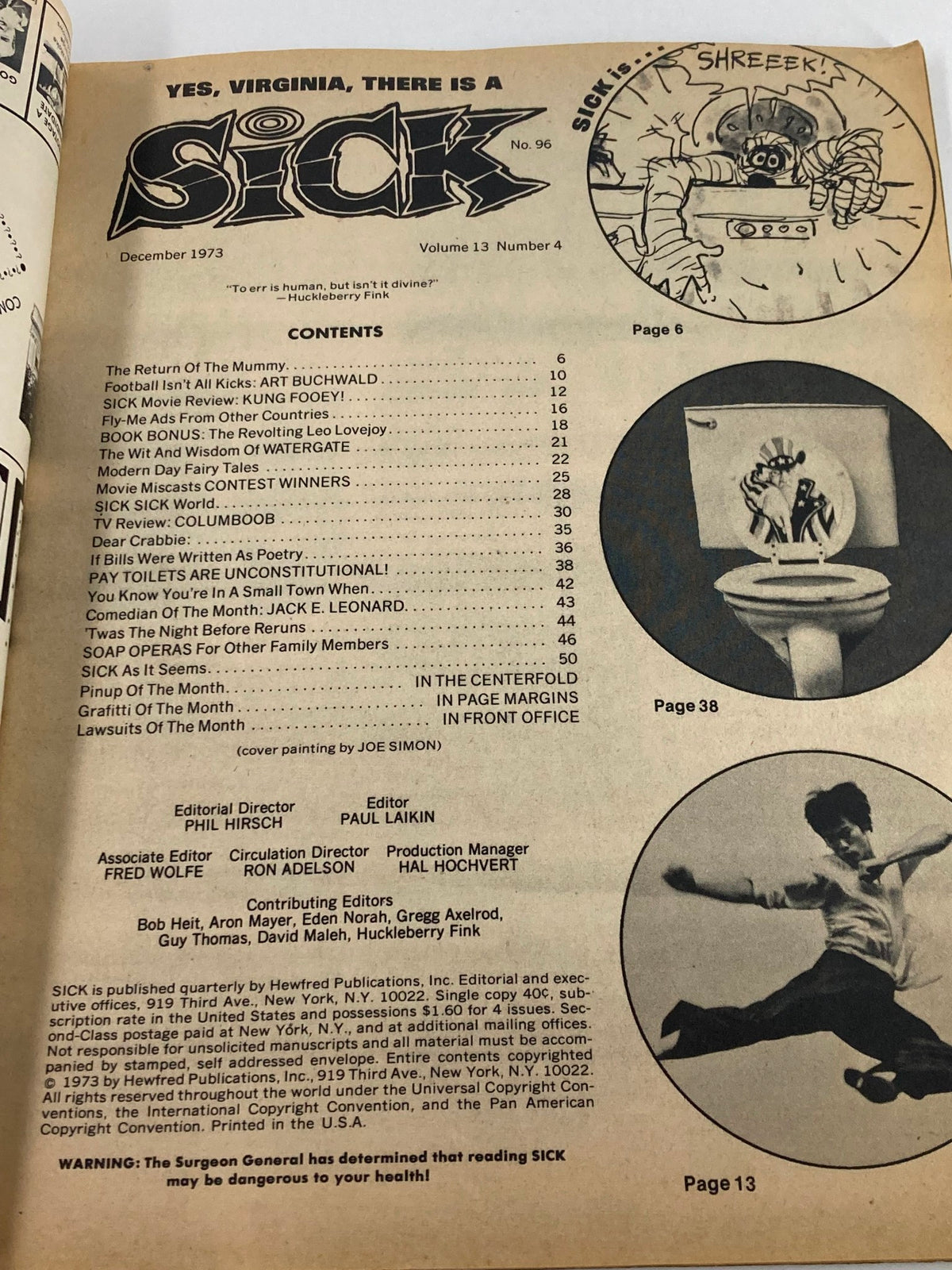 Front cover of VTG Sick Magazine December 1973 Vol 13 #4 featuring contents such as 'Return of The Mummy' and humorous illustrations.