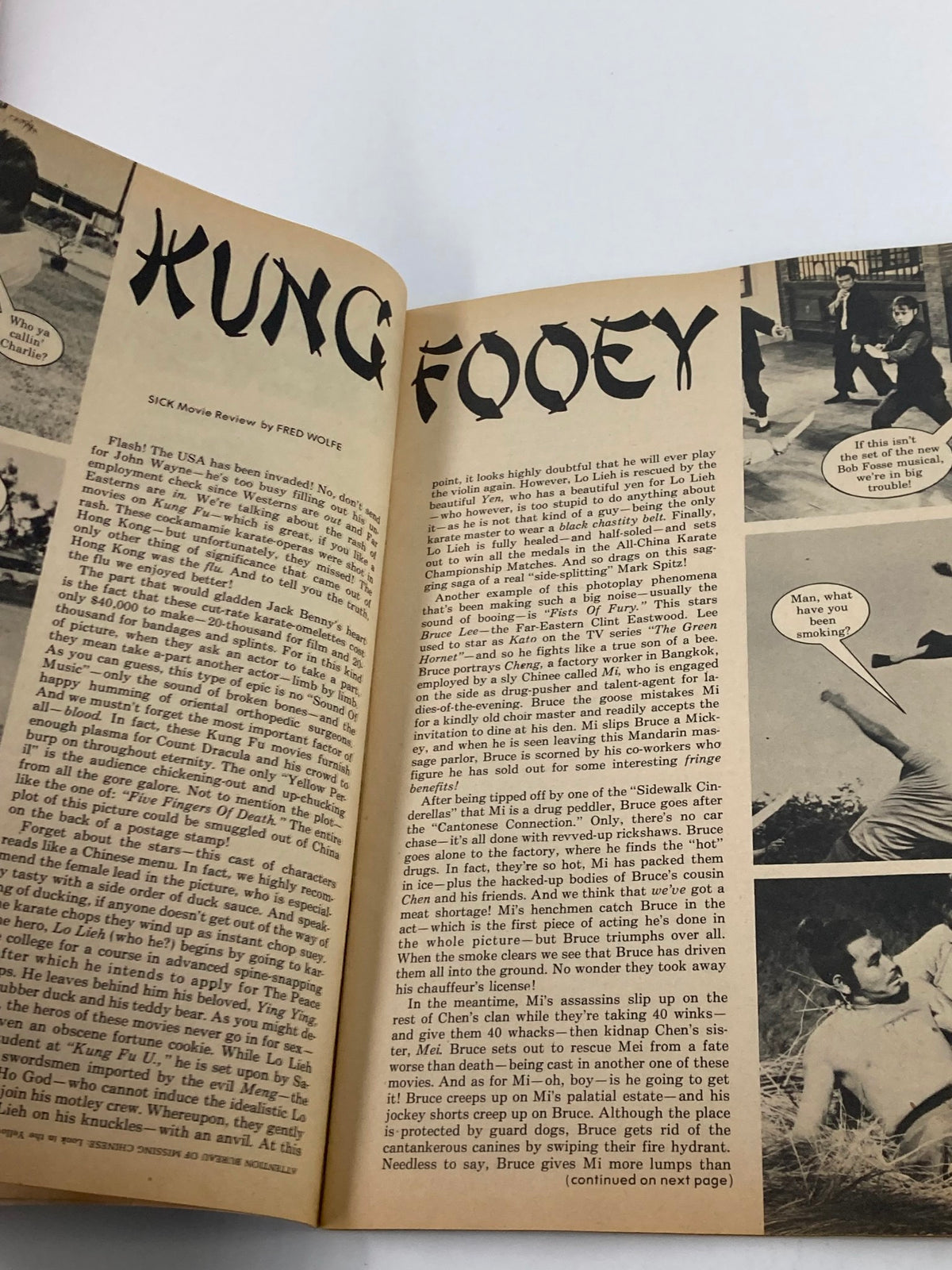 Interior page from VTG Sick Magazine December 1973 Vol 13 #4 displaying a movie review titled 'Kung Fooey' with comedic commentary on film and cultural references.