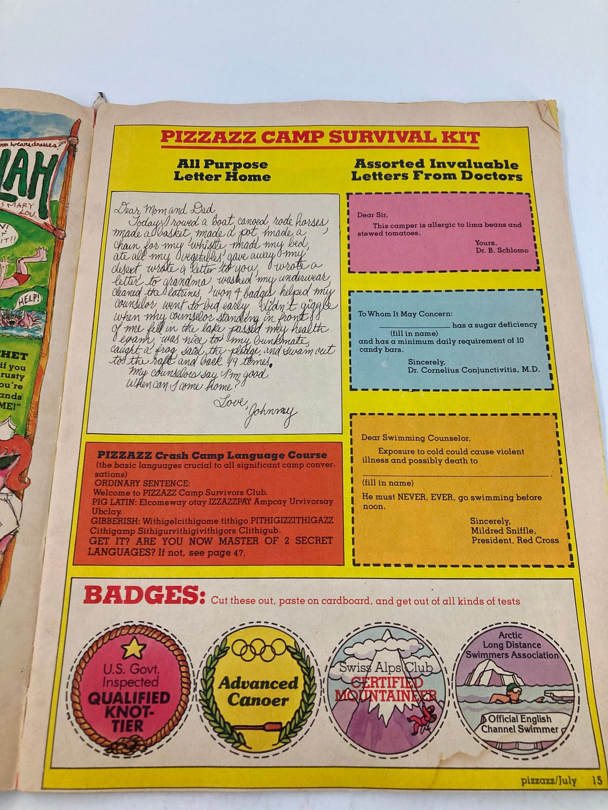 VTG Marvel Comics Pizzazz Issue 10 July 1978 - A page titled 'Pizzazz Camp Survival Kit' with an all-purpose letter format and a list of badges, reflecting the magazine's playful theme.