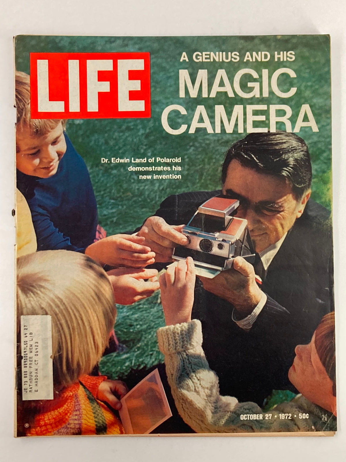 Life Magazine cover from October 27, 1972, featuring Dr. Edwin Land demonstrating the Polaroid Magic Camera, with children eagerly viewing instant photographs.