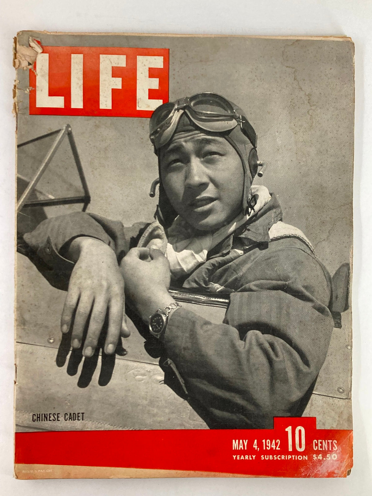 Cover of VTG Life Magazine dated May 4, 1942, featuring a Chinese cadet in aviation gear, showing the magazine's title prominently.