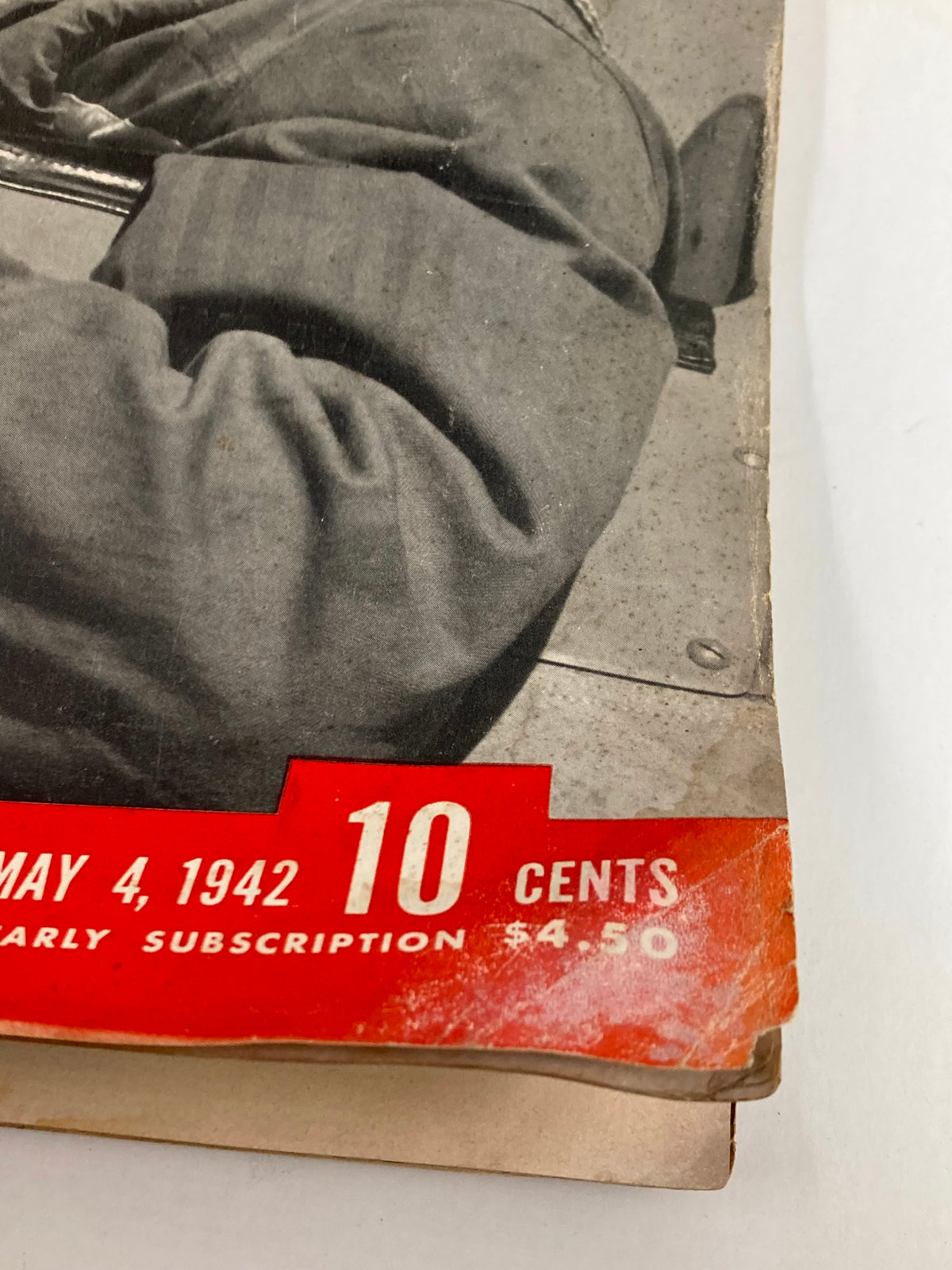 Detailed view of the bottom corner of VTG Life Magazine dated May 4, 1942, highlighting the date and cost, with visible wear.