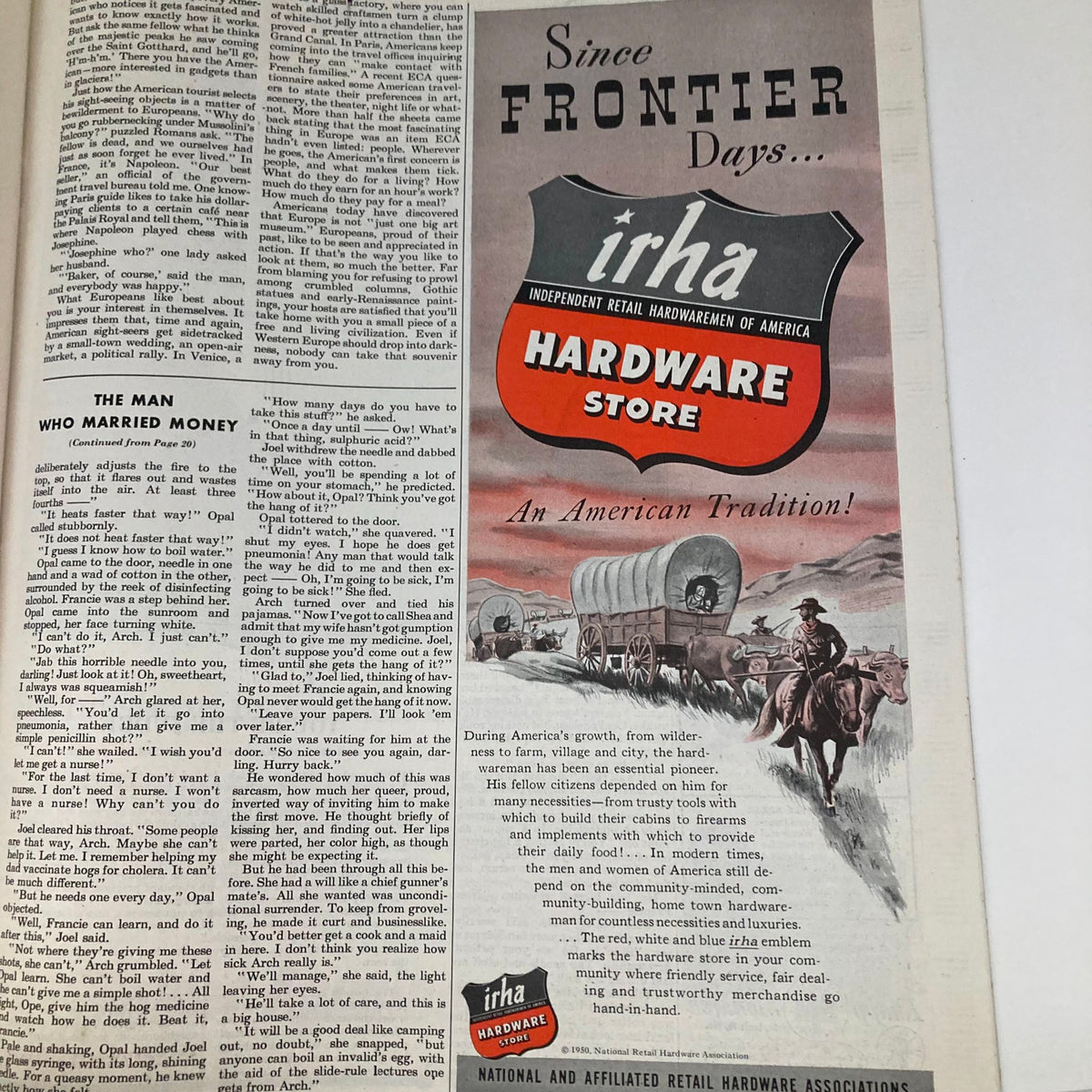 Saturday Evening Post Magazine June 3 1950 illustrated cover showcasing an advertisement for irha hardware store, featuring American traditions with vintage design elements.