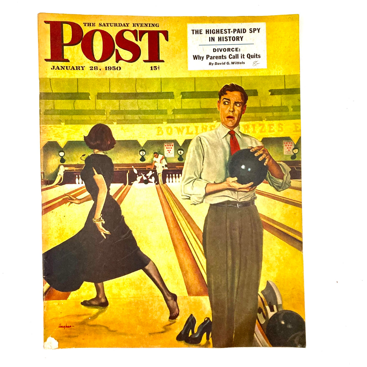 Cover of Saturday Evening Post Magazine from January 28, 1950, featuring a vintage illustrated scene of a man holding a bowling ball and a woman in a black dress, designed by George Hughes.