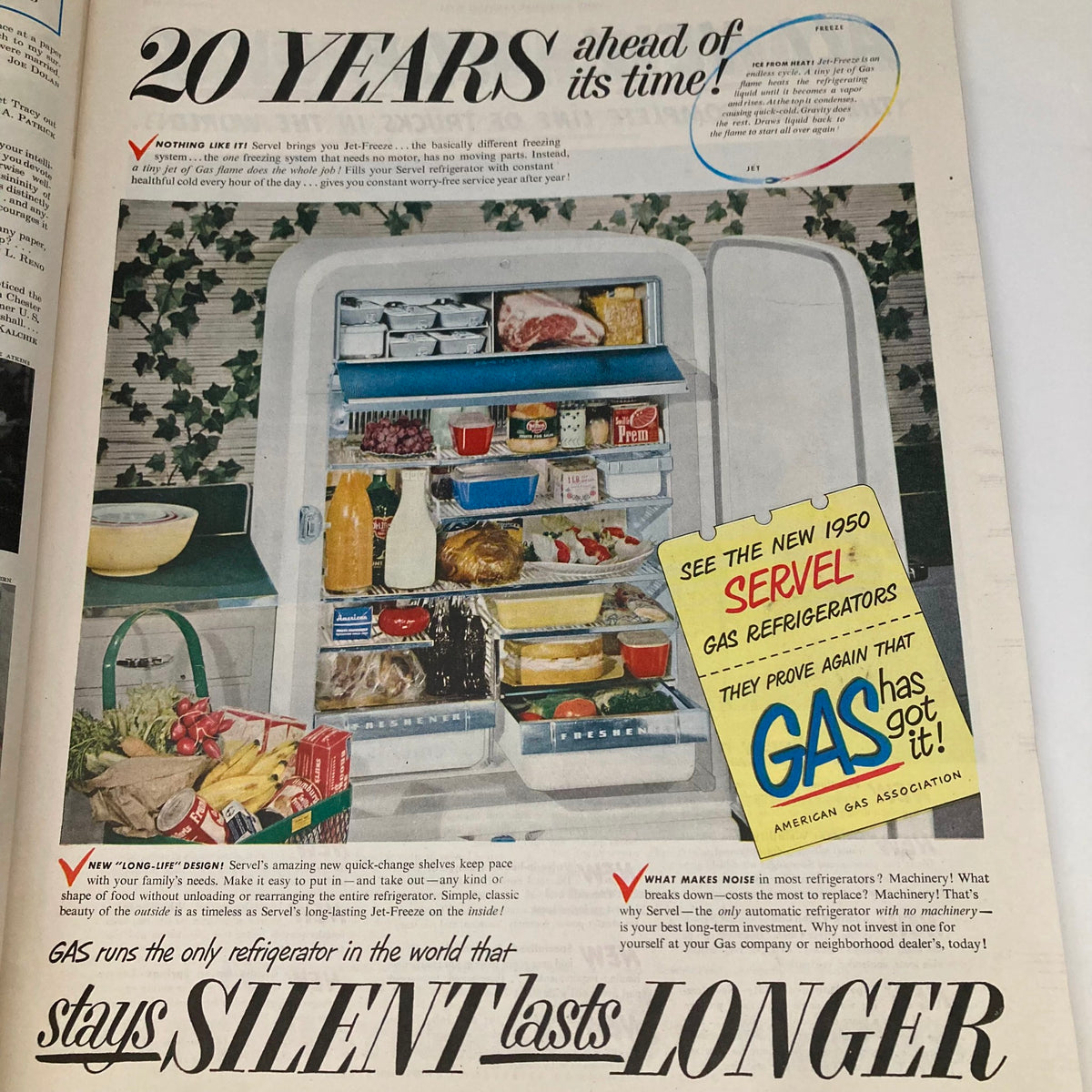 Advertisement from the Saturday Evening Post Magazine January 28, 1950, highlighting Servel gas refrigerators, showcasing a colorful refrigerator filled with food items.