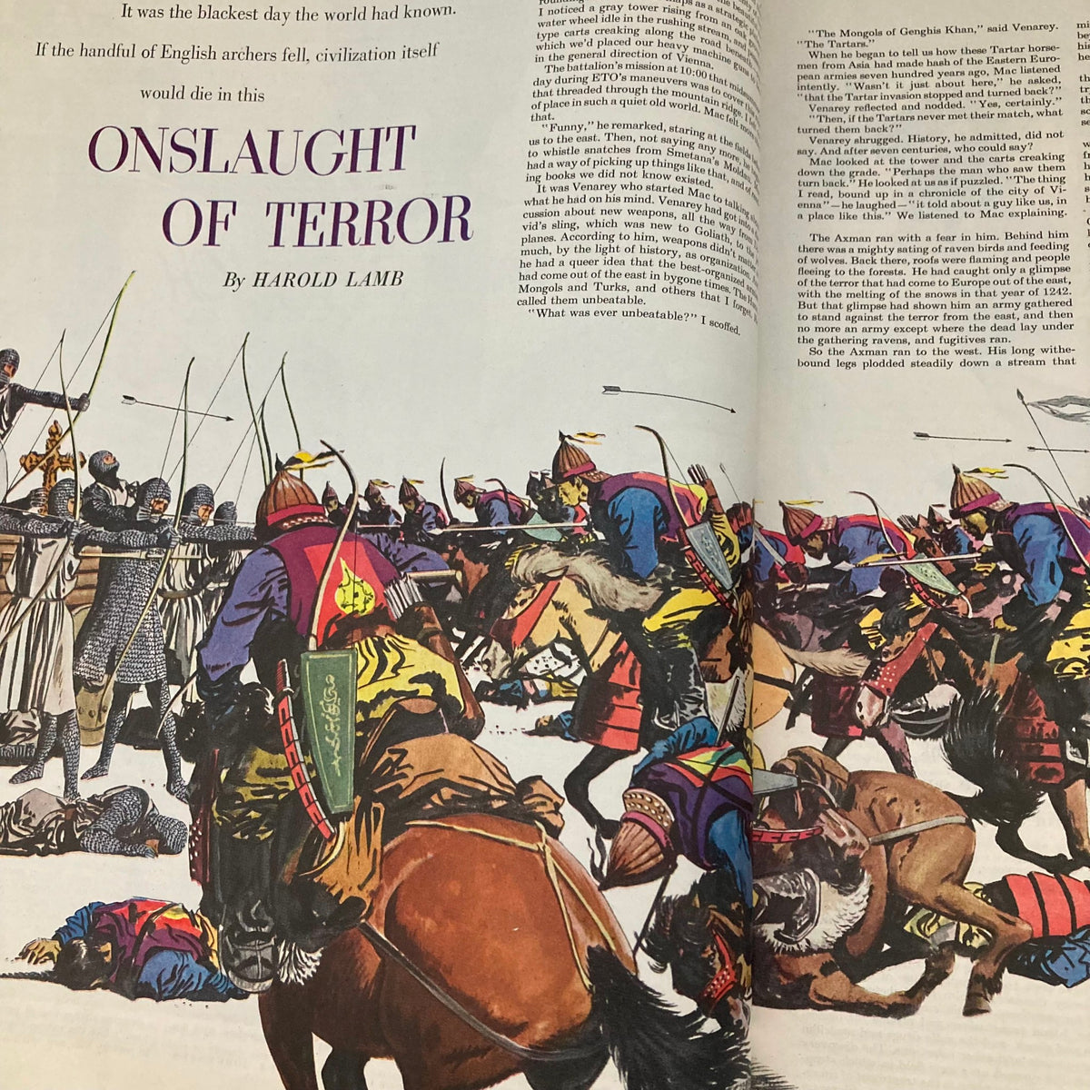 Illustrated feature titled 'Onslaught of Terror' in the Saturday Evening Post Magazine January 28, 1950, depicting a dramatic battle scene with soldiers and archers.