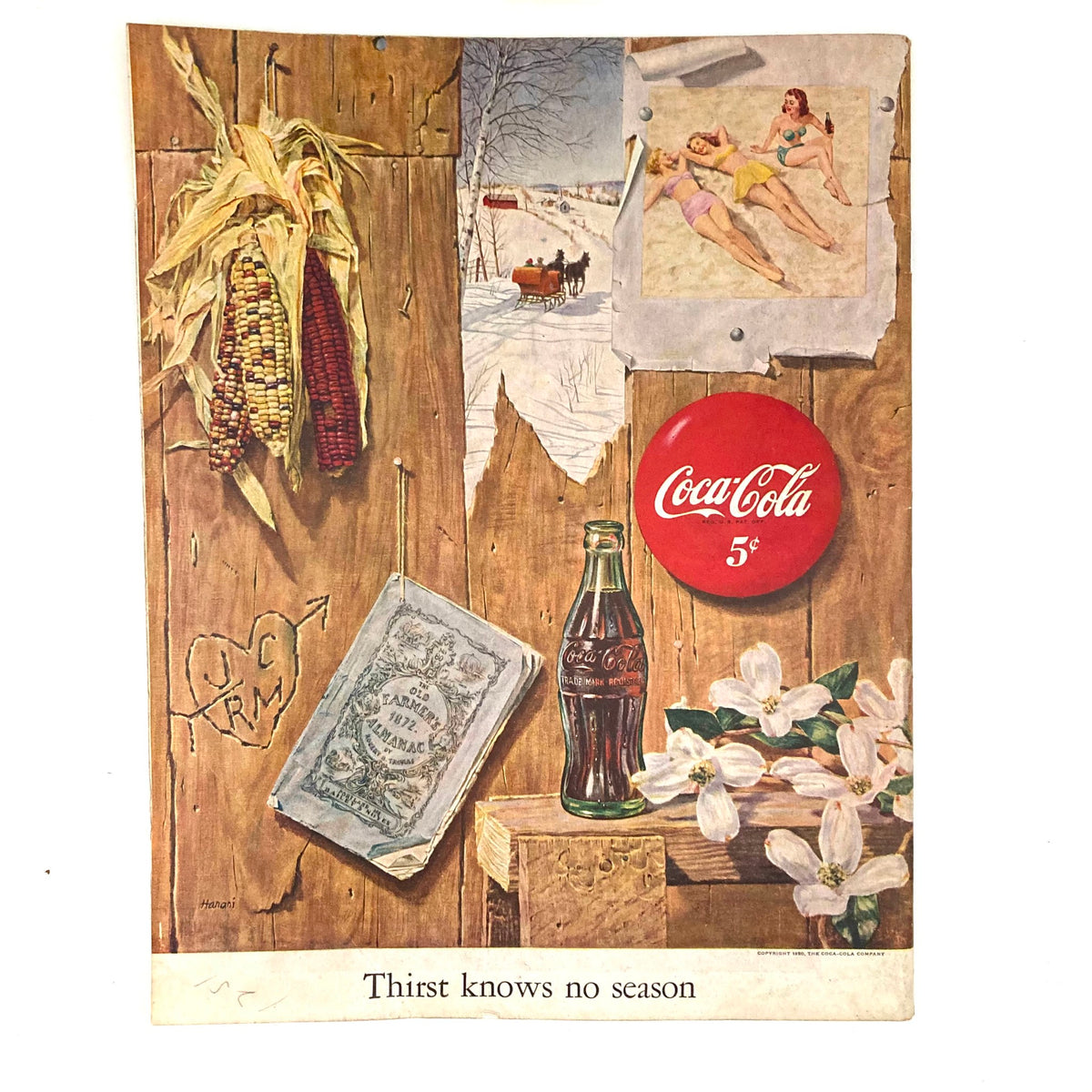 Vintage artwork in the Saturday Evening Post Magazine January 28, 1950, featuring a nostalgic display with a Coca-Cola bottle, corn, and photographs, emphasizing Americana.