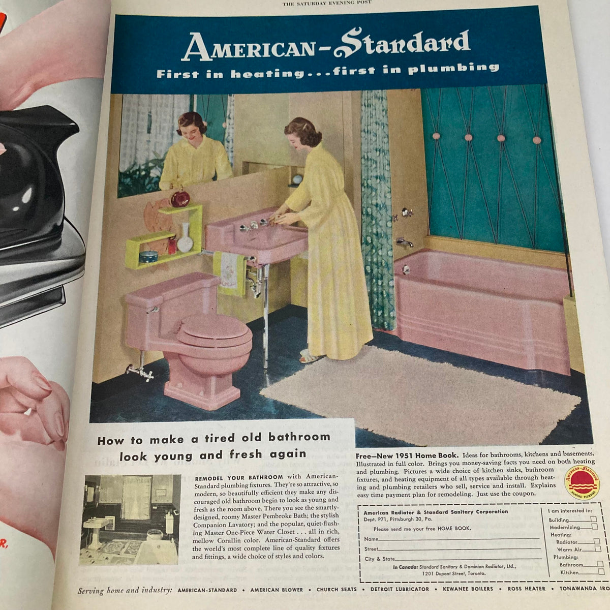 Advertisement for American-Standard plumbing fixtures featuring a woman in a yellow dress in a pink bathroom. Part of the Saturday Evening Post July 21 1951 Illustrated Cover by George Hughes.