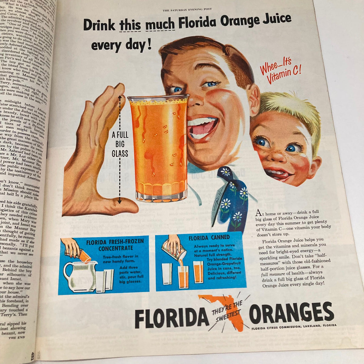 Vintage advertisement promoting Florida orange juice, showcasing a man enjoying a large glass with a child in the background. Featured in the Saturday Evening Post July 21 1951 Illustrated Cover by George Hughes.