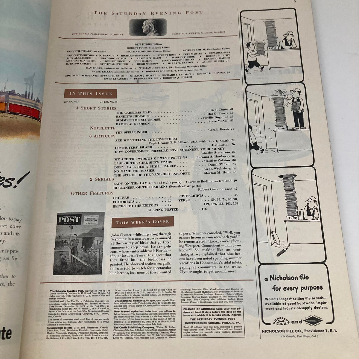 Interior page of the Saturday Evening Post June 9 1951 illustrating the table of contents and articles with a vintage feel, showcasing mid-20th century Americana.