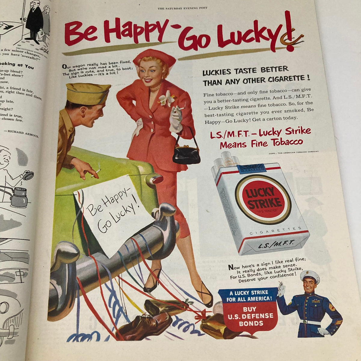 Advertising page from the Saturday Evening Post June 9 1951 featuring a Lucky Strike cigarette advertisement with a stylish woman and a soldier, promoting 'Be Happy - Go Lucky'.