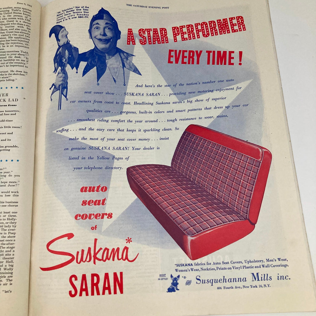 Vintage advertisement from the Saturday Evening Post June 9 1951 for Suskana Saran auto seat covers, showcasing a colorful red and plaid design with playful graphics.