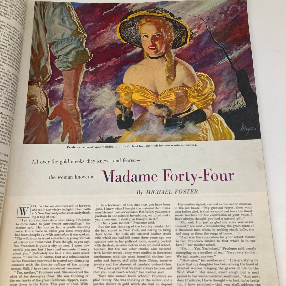 Page from the Saturday Evening Post magazine, October 6, 1951, featuring the article titled 'Madame Forty-Four' alongside a stunning illustration depicting a character from the story.